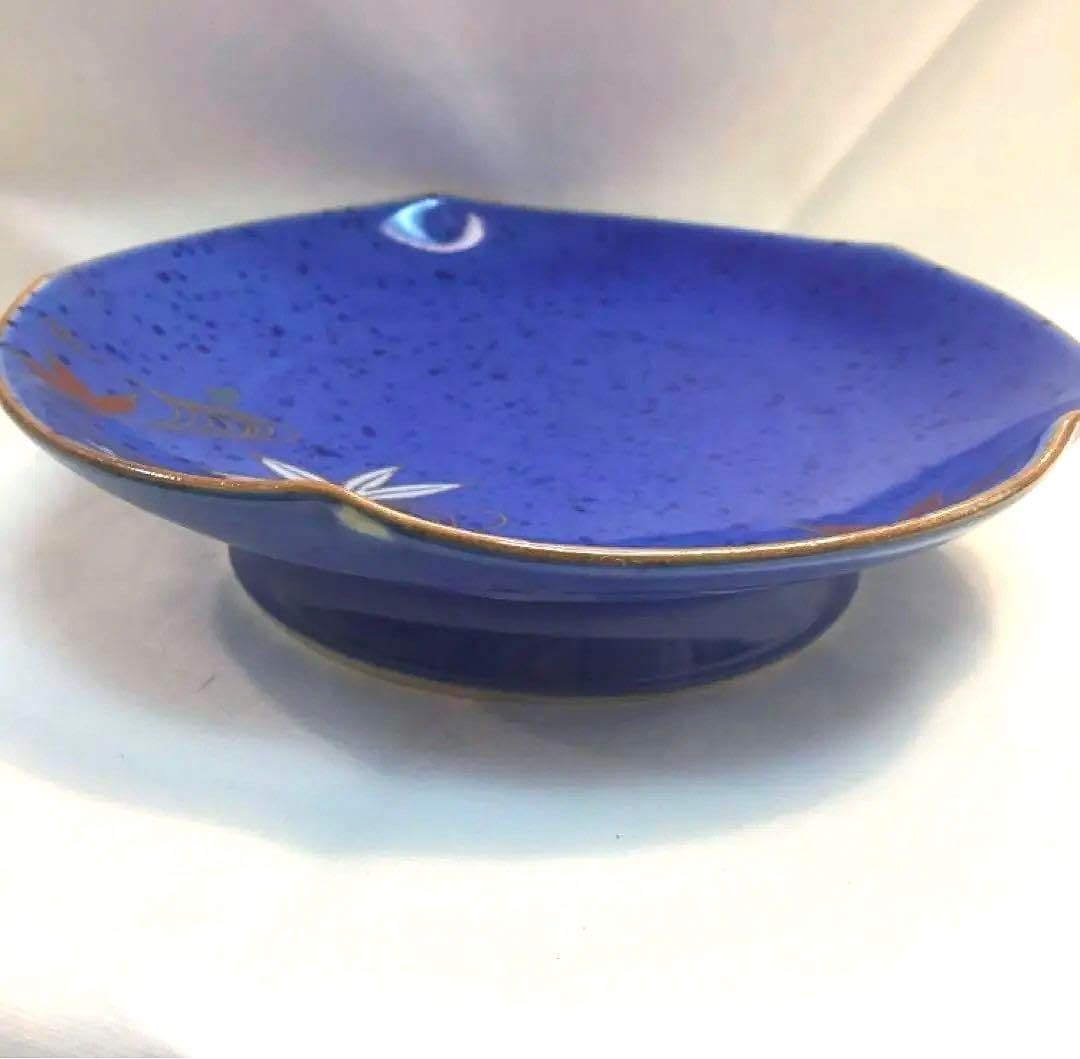 瑠璃色 輪花 高台皿 気軽に楽しめる古伊万里ら 薄瑠璃釉金彩