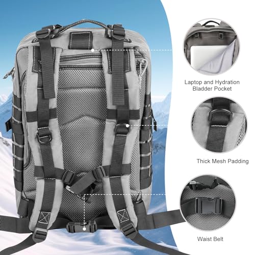 Image of Hannibal Tactical MOLLE Assault Backpack, Tactical Backpack Military Army Camping Rucksack, 3-Day Pack Trip w /USA Flag Patch, D-Rings Grey and Black