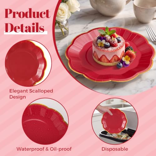 Image of 30 Pcs Red Plates with Gold Trim 7 Inch Scalloped Red and Gold Paper Plates