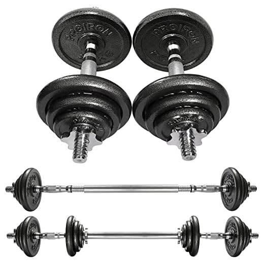Proiron Halterset met 2 korte halterstangen en gietijzeren gewichtsschijven, 20 kg, met gekartelde greep, stersluitingen en verbindingsbuis Barbell