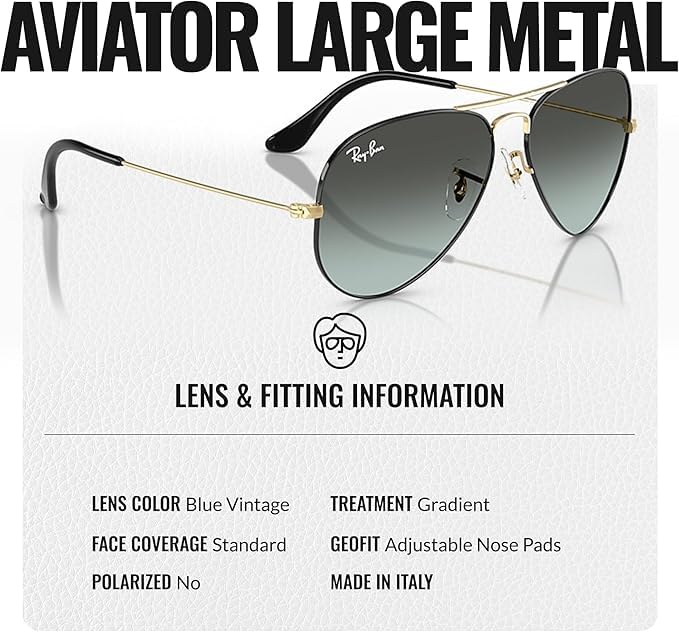 Image of Ray-Ban RB3025 AVIATOR LARGE METAL Pilot Shape Sunglasses for Men & Women with Official Eyewear Kit