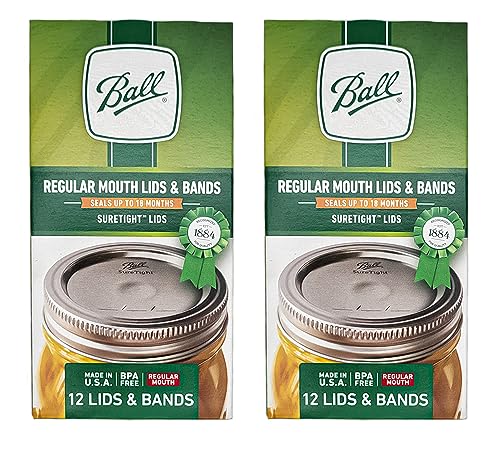 Ball Regular Mouth Lids and Bands - 12 Lids per Pack (2 Pack) - Fits Kerr Mason Jars + M.E.M Rubber Jar Opener Included