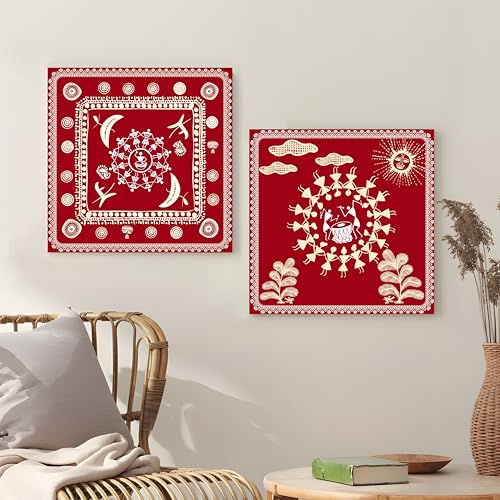 Image of PAINTINGMANTRA Villagers Celebrating Festival Warli Painting, Traditional Indian Maharashtra Warli Tribal Folk Wall Painting for Living Room, Home and Office Decor (Set of 2, 12x12 inch)