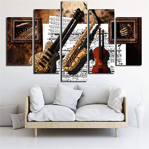 nobrand ZNIDEAL Dipinti su Tela 5 Stampe d'Arte Strumenti Musicali Chitarra Sassofono Violino spartiti Dipinti Quadri modulari su Tela Stampe su Tela Cornice