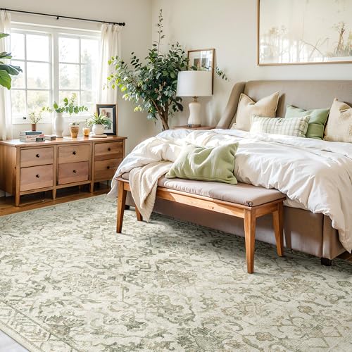 Deerly 6x9 Area Rugs for Bedroom Nursery, Machine Washable Distressed Floral Living Room Rug, Neutral Traditional Oriental Non Slip Boho Large Indoor Carpet for Dorm Office Playroom White Cream Green