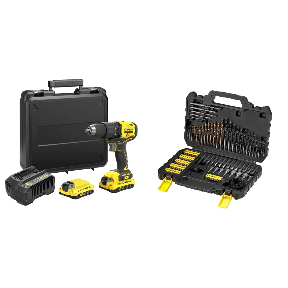 STANLEY FATMAX SFMCD710D2K-QW - Taladro atornillador V20, 18V Motor Brushless, con 2 baterías 2Ah, cargador y maletín + STA88548-XJ - Juego de 100 brocas y puntas para atornillar Stanley