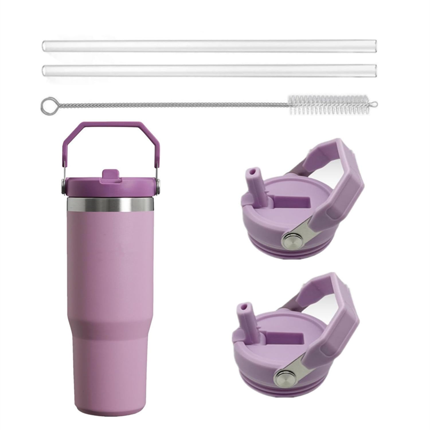 Rimoleur 2Pack Replacement Tumbler Lid for Stanley IceFlow 30 oz(Only) Flip Straw Lid, with 2Pcs Reusable Straws,1Pcs Cleaning Brush (Purple)