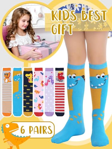 6 Pairs Kids Girls Knee High Socks kids Dinosaur Long Boot Funny Animal Pattern Warm Cotton Socks for 3-12 Years4