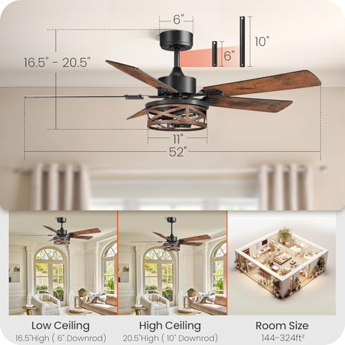Image of 52 Inch Farmhouse Ceiling Fan with Lights and Remote, Timer, Dual Finish 5 Blades (Walnut and Black), 6 Speeds, Reversible DC Motor, Rustic Walnut Caged Ceiling Fan for Bedroom FF01CF05