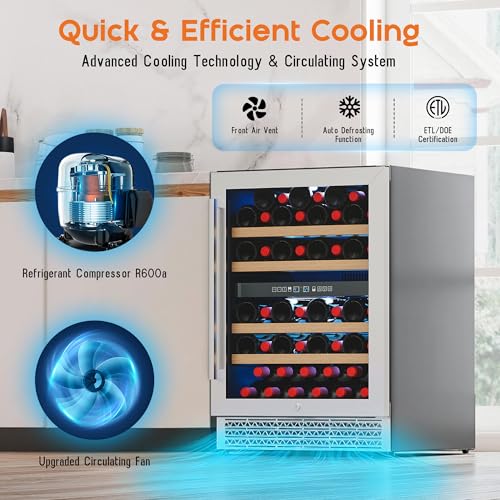 Image of Albott 24 Inch Wine Fridge, Dual Zone 49 Bottle Wine Cooler 41-68℉ with Digital Temperature Control, Reversible Double-Layer Glass Door, Built-in or Freestanding Design for Home and Bar