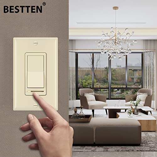 Image of BESTTEN 2 Pack Almond Dimmer Wall Light Switch, Compatible with Dimmable LED, CFL, Incandescent and Halogen Bulb, Single Pole or 3-Way Dimmer Switches, 120VAC, Decorator Wall Plate Included
