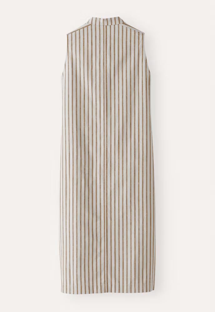 Image of Women's Spring Summer Button-Down Shirt Dress Cotton Striped Collared Tunics Sleeveless Tank Dress with Pockets(Khaki-XL)