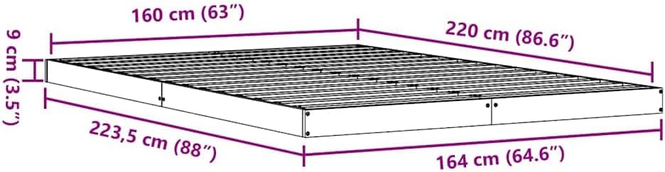 White Solid Pine Floor Bed Frame 223.5x164x9 cm Modern Low-Profile Double Bed No Box Spring Needed Robust 200 kg Load for Contemporary Bedroom