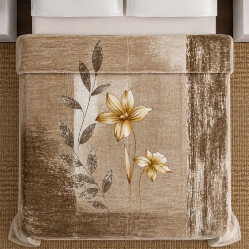 Image of Signature All Season Double Bed Blanket | Super Soft Plush, Lightweight & Cozy | 220 x 240 cm | 2.5 kg | Multi-Color Vibrant Print | Ideal for Winter, AC Use & Gifting (Beige Botancial)