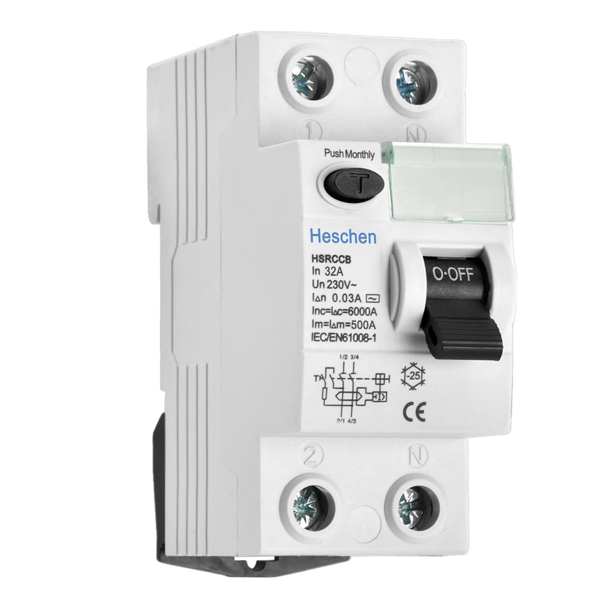 Heschen RCCB Residual Current Circuit Breaker, HSRCCB-32A, 2P 32A 30mA 6kA 220VAC, For Against Electrical Shock By Direct or Indirect Contact