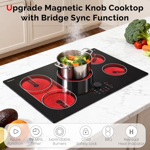 Image of Karinear Electric Cooktop 30 Inch with Magnetic Knob, Bridge BBQ, 5 Burner Radiant Stove Top, 8600W 240V Built-in Hob, 9 Heat Levels, 99-Min Timer, Child Lock, Pause