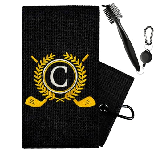 ZGCYSMHT Personalized Golf Towels for Golf Bags - Microfiber Monogrammed Golf Towels for Men/Women, Retractable Brush Tool Kit with Club Groove Cleaner, Custom Golf Accessories for Golfers (Initial C)