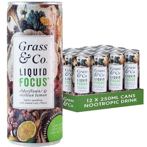 Grass & Co. Bebida nootrópica líquida FOCUS | Melena de león, ginseng y omega-3 | Apoyo para la claridad mental y cerebral | 12 x 250 ml | Flor de saúco y limón siciliano