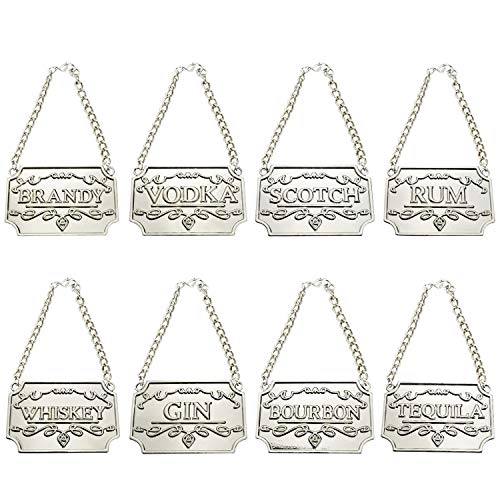 8PCS Liquor Decanter Tags, Deluxe Set of Liquor Labels, Whiskey, Bourbon, Scotch, Gin, Rum, Vodka, Tequila and Brandy - Adjustable Chain Fits Most Bottles (Silver)