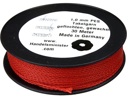 Handelsminister.com 1mm Takelgarn gewachst rot 30m Spule geflochten PES Polyester 1,0mm Cover