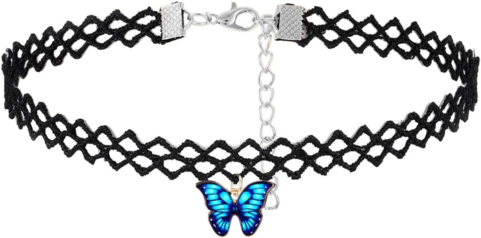Butterfly Necklace for Women Choker Black Chain Cute Goth Gothic Pink Purple Blue Jewelry Gift