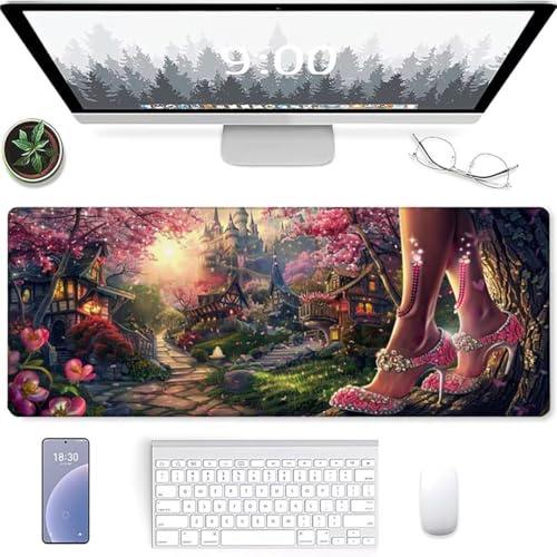YALNSENN Mouse Pad Large, 800 x 400 x 3mm Mice Pad with Non-Slip Rubber Base, Mouse Mats for Comters Durable Stitched Edges, Neoprene Smooth Surface for Laser and Optical Mouse Mat, Small Town Forest