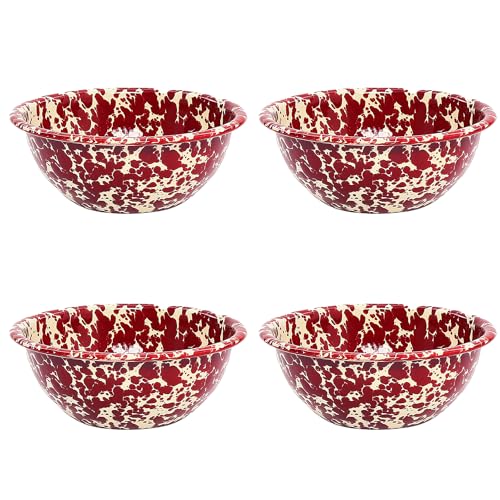 Crow Canyon Home Splatter Enamelware Cereal Bowls, Set of 4, Burgundy & Cream