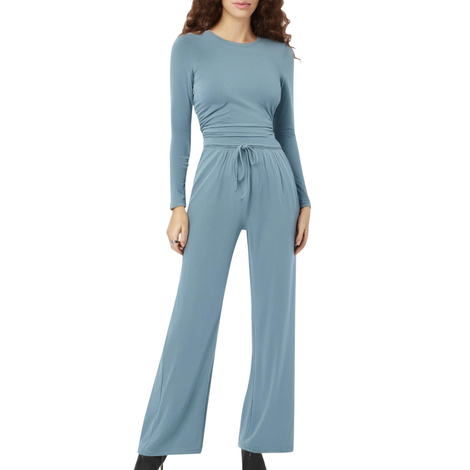 Loungewear - Pigiama da donna in due pezzi, elegante, slim fit, a maniche lunghe, con gamba larga, set da 2 pezzi, tuta da notte per il tempo libero