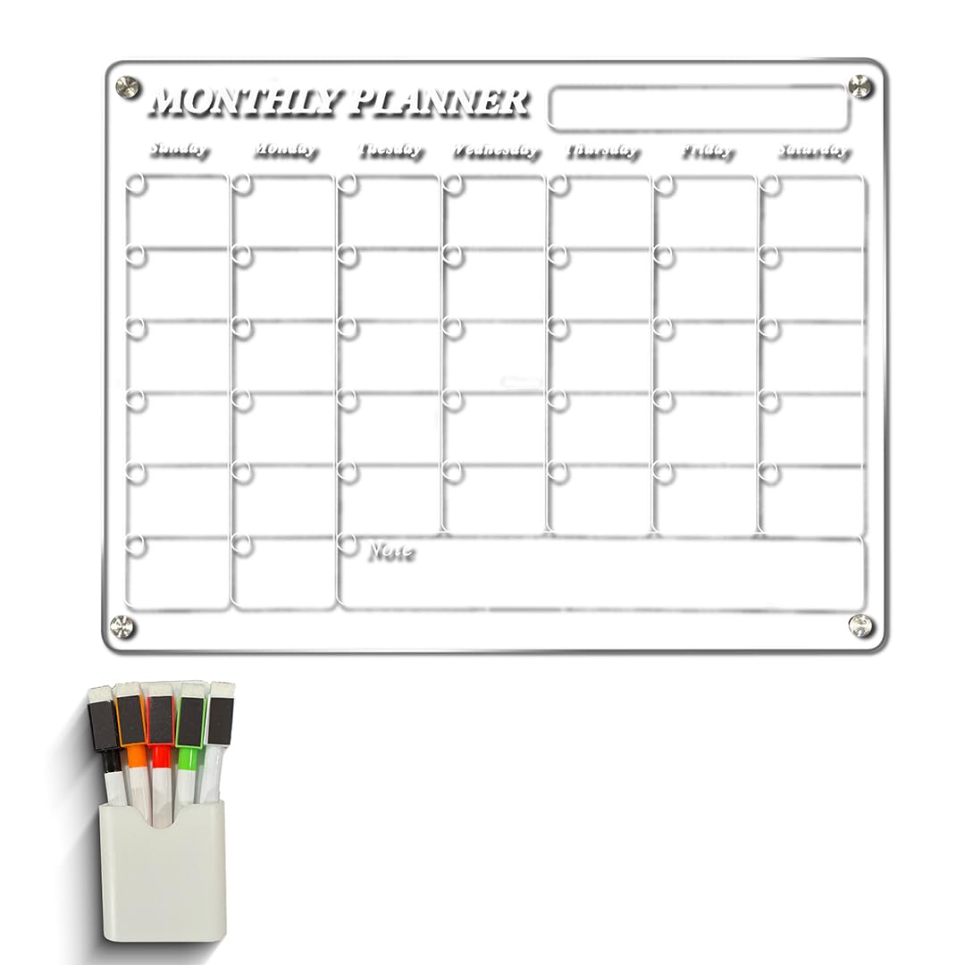 Acrylic Monthly Calendar - Home Organization Board Refrigerator Schedule Planner for Fridge or Wall, Magnetic Calendar for Refrigerator, Dry Erase