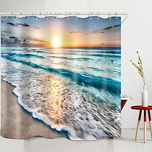 Image of LYFANS Shower Curtains Waterproof Polyester Fabric,Large Width Bright Partition Curtain with Sunrise Beach Print,Shower Curtain Liner for Bathtub Bathroom with 12 White Hooks (72 x72 inches)