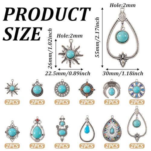 PandaHall 24pcs Tibetan Style Turquoise Charms Pendants Teardrop Sun Flower Oval Connector Link Charms for Earrings Necklaces Jewelry Making - Image 3
