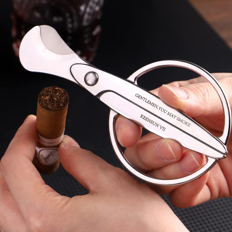 Image of KEENSUN Cigar Scissors Cutter, Stainless Steel Guillotine Double Blade Straight Cut Scissors (Silver) with Leather Case Cigar Accessories for Cigars(2.75 inch Handle Width)