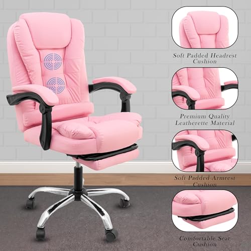 Image of Casa Copenhagen Italia Leatherette Office Chair for Work | Boss Chair, Luxurious Cushioned Arms & Seat, 2 Point Back Massager, Adjustable Leg Rest, Heavy Duty Metal Base (Pink)