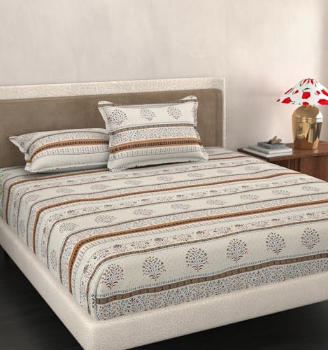 Image of VOMZER King Size (72x78) 300 TC Soft Cotton Feel Microfiber All Around Elastic Fitted Double Bedsheet with 2 Pillow Covers | White Jaipuri