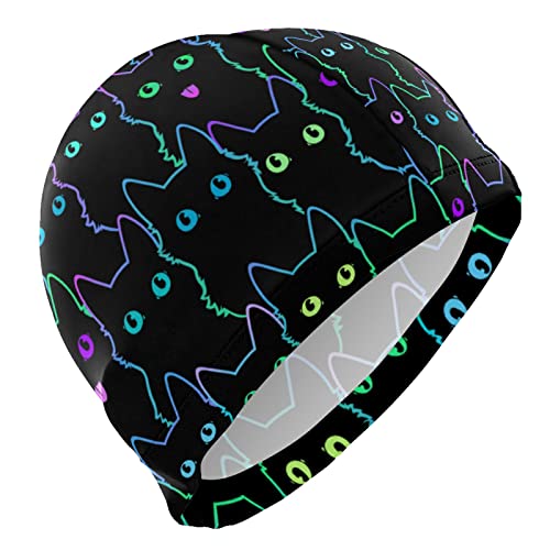 Dallonan Bonnet de bain unisexe en polyester avec silhouette de chat mignon Noir