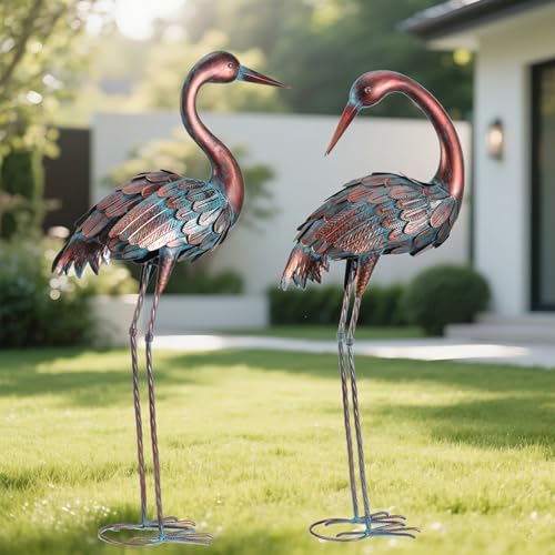 chisheen Crane Garden Statues Outdoor Yard Decorations Metal Heron Yard Art Bird Sculpture Decor for Outside Lawn Patio Large Size, for Women Mom,Set of 2