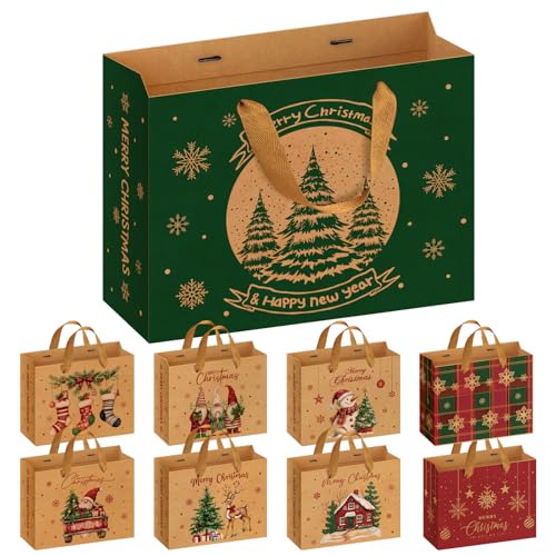 WUQNGI 9 Piezas Bolsas Regalo Navidad Grandes, XXL Bolsas Papel Kraft 50x40x20cm, Bolsas Navidad con Asas, Reutilizable Envoltorio Regalo Navidads, Sacos de Natal Para Niños