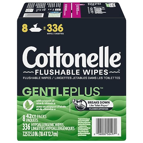Cottonelle, GentlePlus Flushable Wet Wipes with Aloe & Vitamin E Adult Wet Wipes 8 Flip-Top Packs 336 Total Flushable Wipes, 8 Count