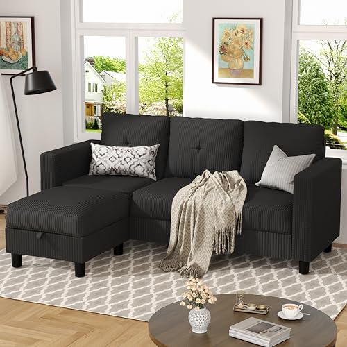 JY QAQA Convertible Sectional Sofa Couch with 3-Seat Sofa, L-Shaped Ottoman Couch with Modern Linen Fabric for Small Living Room, Apartment and Small Space(Black)