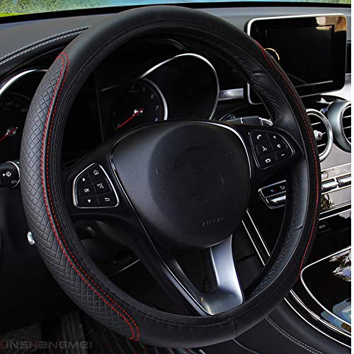 ZaCoo Car Steering Wheel Cover Universal No Fixed Inner PU Leather Anti-Slip Steering Wheel Cover Fit for Truck, SUV, Cars 14-15 inch (Red Thread)