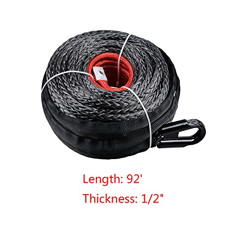 Astra Depot 92Ft X 1/2" Synthetic Winch Rope 22000Lbs Protective Sleeve + Red Hook For Jeep Atv Utv Kfi Truck Boat Ramsey #TOP1