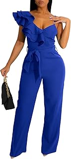 Womens Casual Jumpsuits V-Neck Sleeveless Ruffle Backless Belted Wide Leg Pant Sexy Romper Party Clubwear