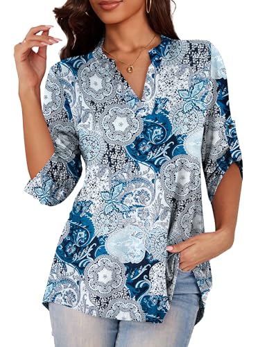 a.Jesdani Women's Plus Size Zip Front 3/4 Sleeve Shirts V Neck Blouses Tunic Top