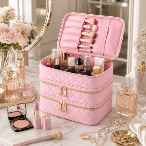 Image of Handcuffs Cosmetic Bag for Women 3-Layer Zipper Makeup Organizer with Carry Handle for Travel & Home | Multipurpose Vanity Box for Toiletries Make Up Accessories Brushes & Cosmetics (Pink)