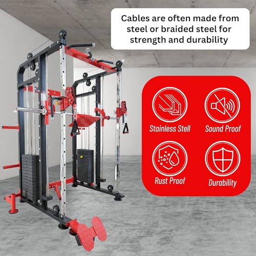 Image of GYM24 EQUIPMENTS Sonata Functional Trainer with Smith Machine & Power Cage | Dual 80 kg PVC Weight Stack 160 kg Total | Multi Gym with Bench Pull Up Bar Dip Bars Leg Press Landmine | Red Black