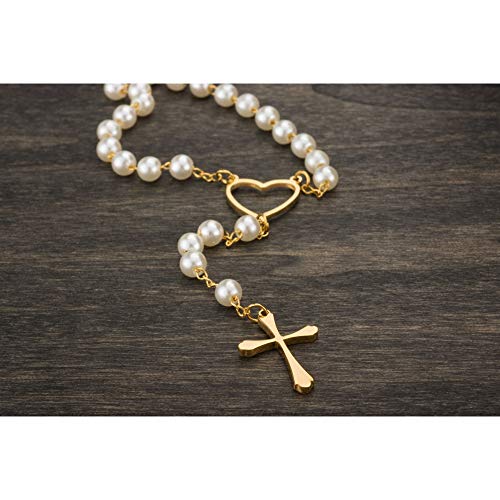 Edforce Stainless Steel Heart and Pearl Rosary with Cross, 29.5 inch4