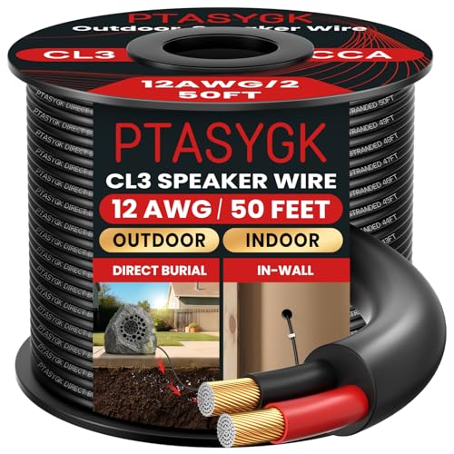 12/2 Outdoor Speaker Wire - Direct Burial Speaker Cables CL3 CL2 Rated 50 Feet, UV Resistant CCA Cable for Garden, Patio, Pool Audio Systems