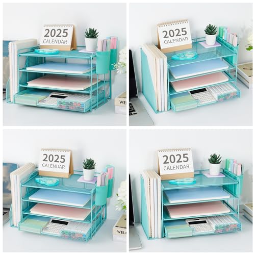 Image of OPNICE Desk Organizer, 4-Tier Desktop File Organizer with Drawer and Pen Holders, Office Desk Accessories, File Sorters, Workspace Organizers for Office Supplies(Teal Blue)