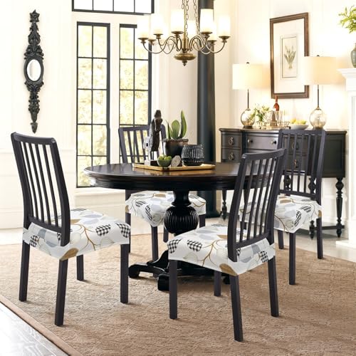 Image of SearchI Dining Chair Seat Covers Set of 4, Rear Covered, Checked Leaves