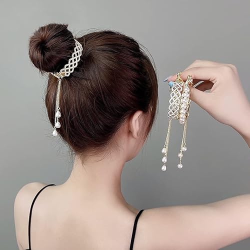 2 piezas de diamantes de imitación y perlas de imitación para cola de caballo, puños con borla de metal brillante, pinzas para el pelo, accesorios para mujer, joyería para el cabello Cover